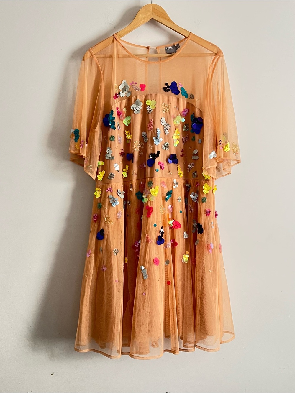 ASOS Peach Multicolor Sequin Embellished Tulle Fit & Flare Dress Size 16 Party